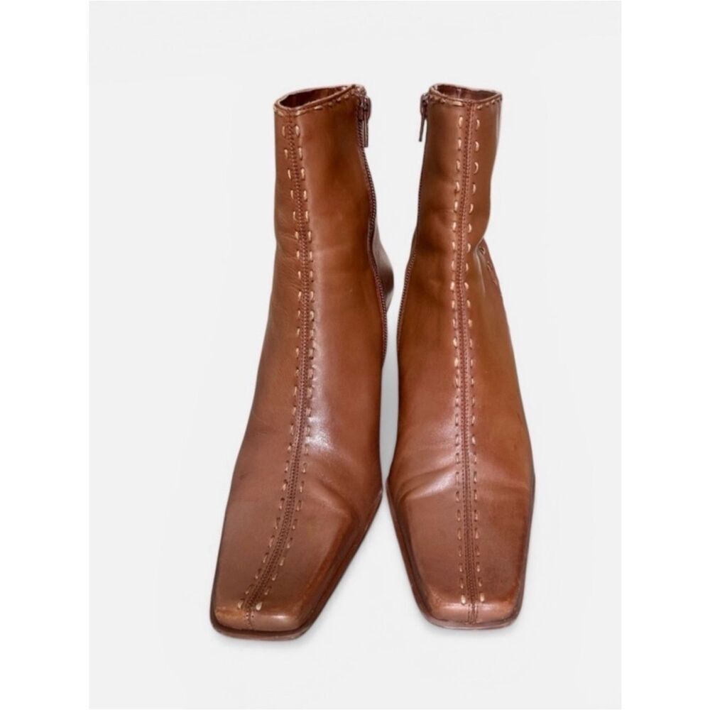 Diba Leather Wedge Ankle Boots Size 9 Cognac Brown Square Toe Comfort Heel - Picture 3 of 8